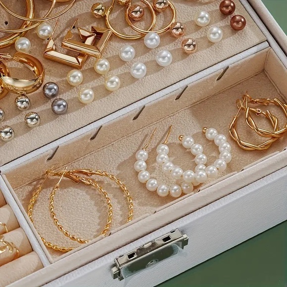 56pc golden Jewelry Set Necklaces, Rings, Faux Pearl Decor Hoop & Studs Earring - Picture 7 of 10
